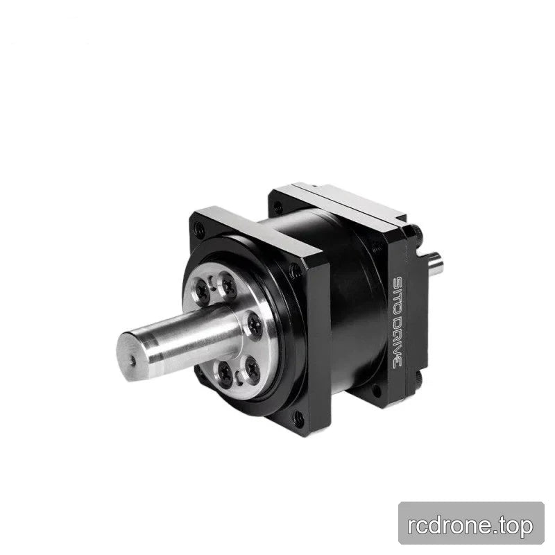 Angled view of the black SITO DRIVE reducer with a prominent polished output shaft and circular bolted face.
