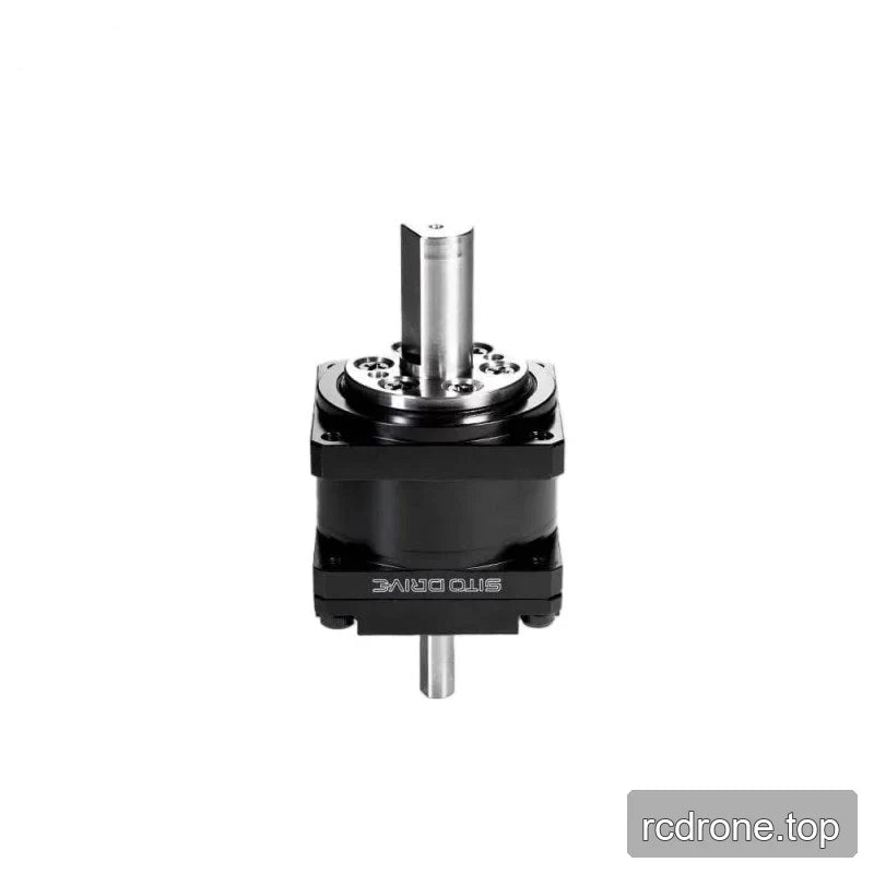 Upright reducer view highlighting the circular bolted face around the upper polished shaft.