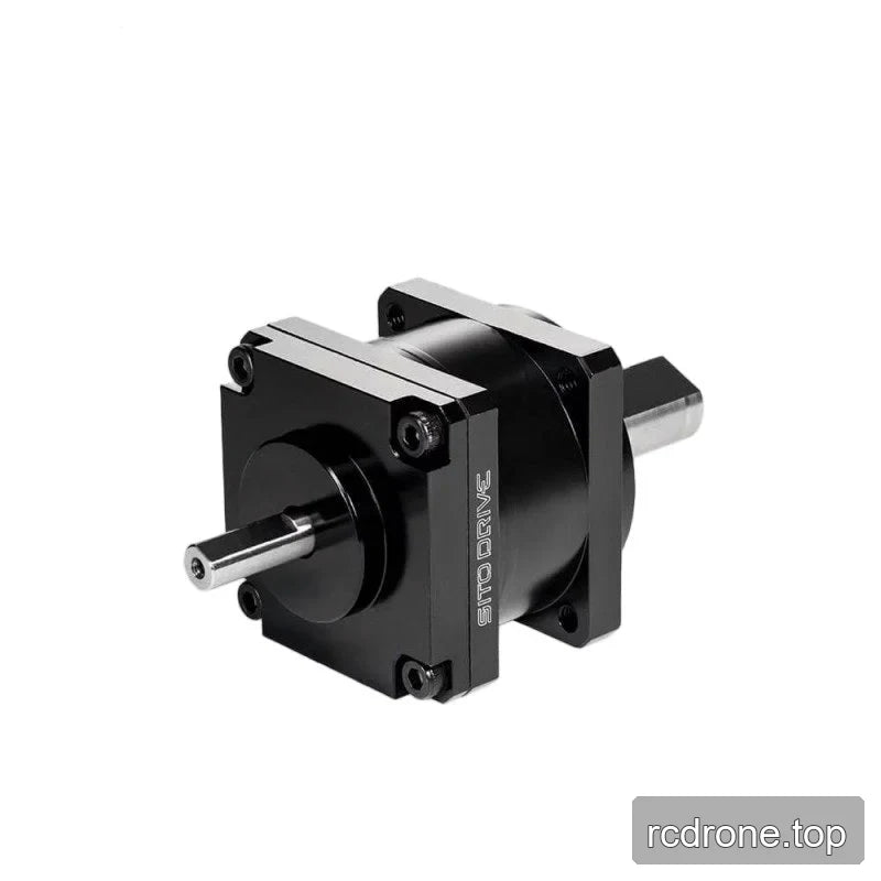Opposite angled view of the black SITO DRIVE reducer showing the front plate, short shaft, and rear shaft.