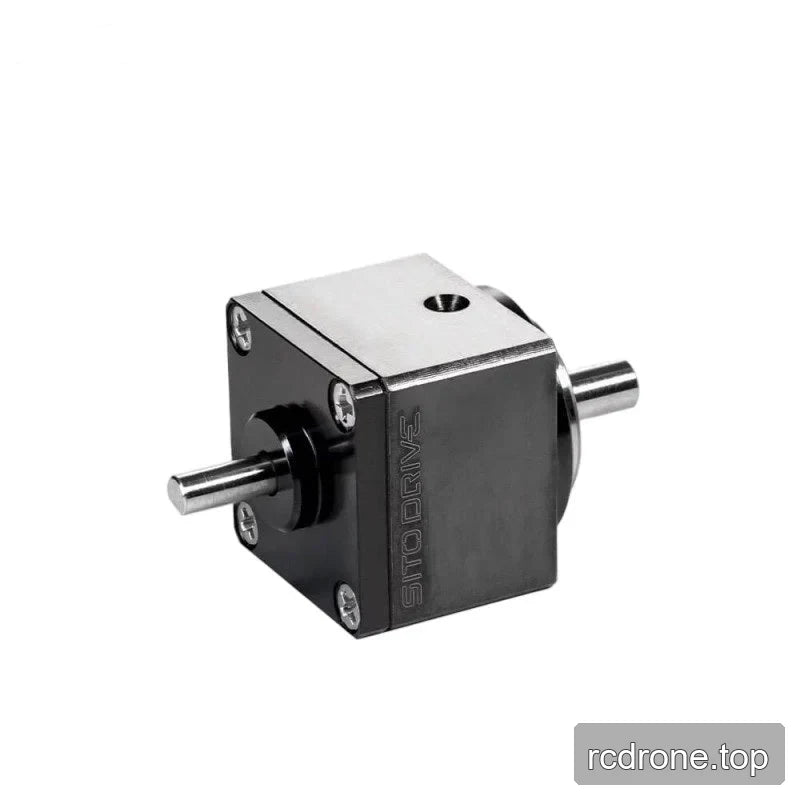 Three-quarter view of the SITO DRIVE micro harmonic reducer showing a top threaded hole, corner screws, and dual shafts.