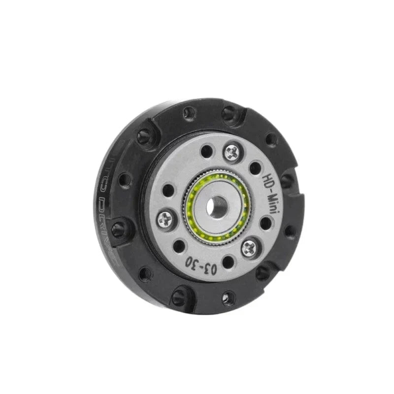 Front view of the SITO DRIVE HD-03 reducer with silver faceplate, center bore, and HD-Mini 03-30 marking.