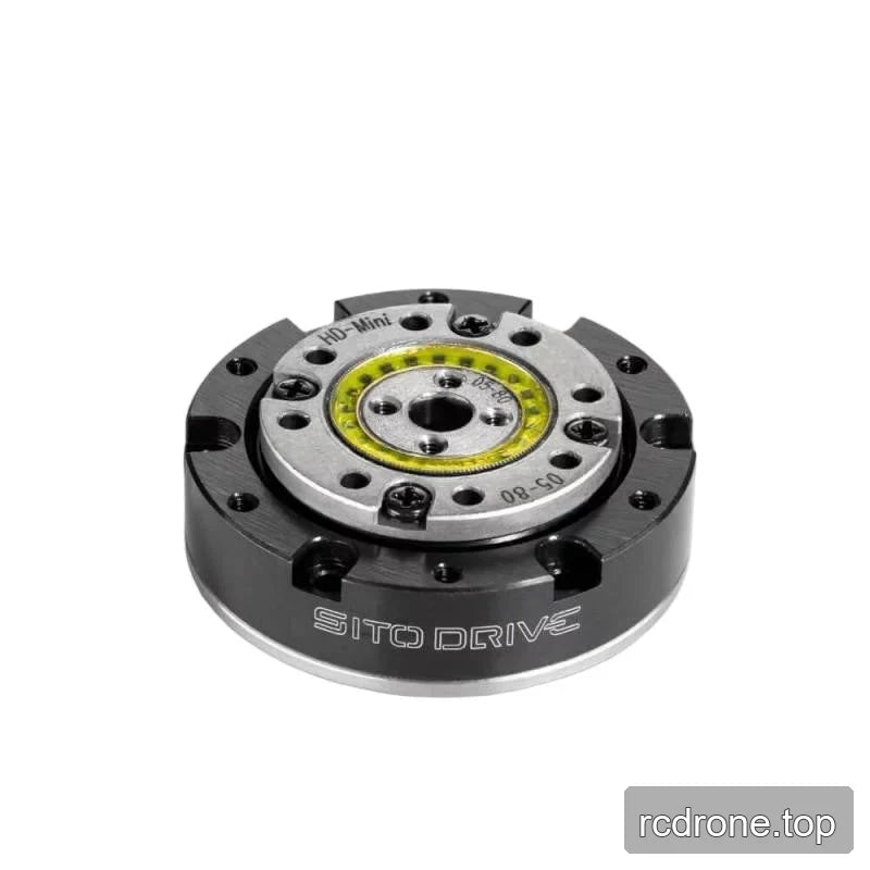 Low angled view of the SITO DRIVE HD-05 reducer showing its round housing, front mounting face and engraved side branding.