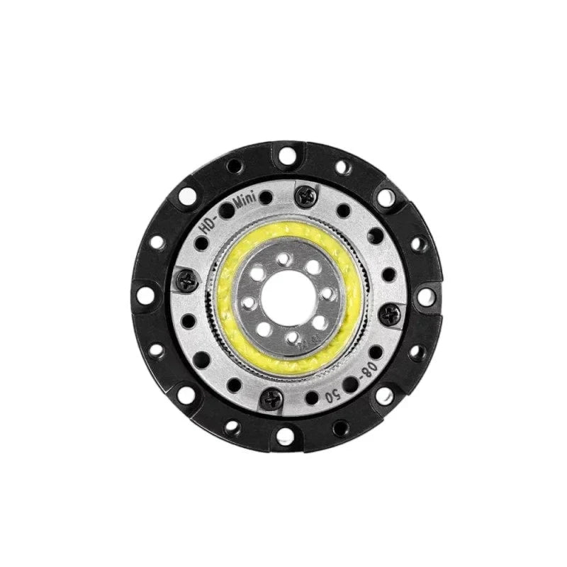 Straight-on circular face of the SITO DRIVE HD-Mini reducer, showing the yellow inner ring and perimeter mounting holes.
