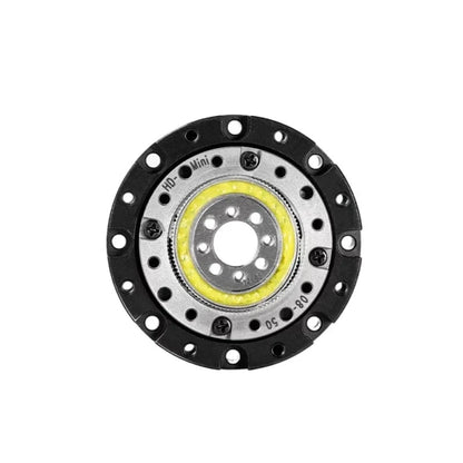 Straight-on circular face of the SITO DRIVE HD-Mini reducer, showing the yellow inner ring and perimeter mounting holes.