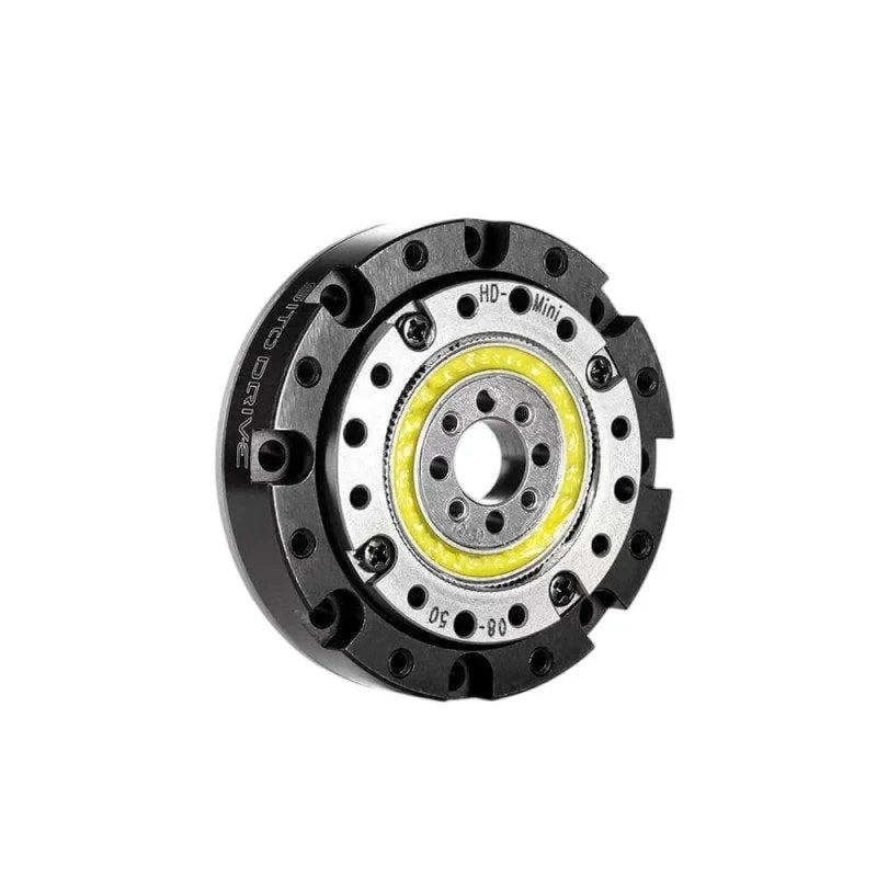 Front-facing SITO DRIVE HD-Mini reducer with black outer housing, silver mounting plate, and yellow inner ring.