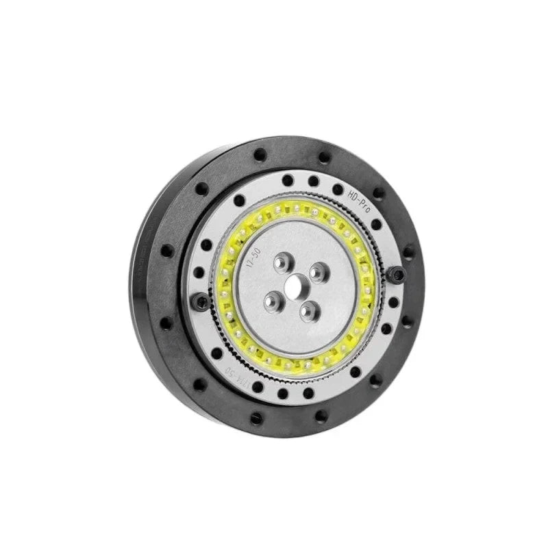 Front three-quarter view of the SITO DRIVE HD-14 Pro reducer with a yellow internal ring and central mounting holes.
