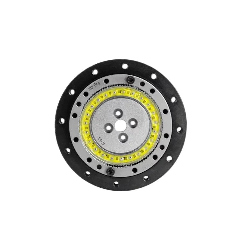 Straight-on front view of the SITO DRIVE HD-14 Pro reducer, showing the yellow ring, outer mounting holes, and central hub.