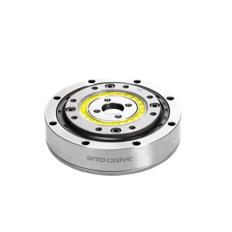 Angled front view of the SITO DRIVE HD-14 reducer, showing its circular face, mounting holes, and cylindrical housing.
