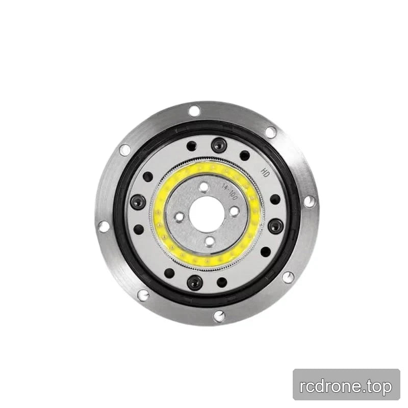 Front-facing circular reducer with a six-hole outer flange, yellow inner ring, central bore, and HD 14:100 marking.