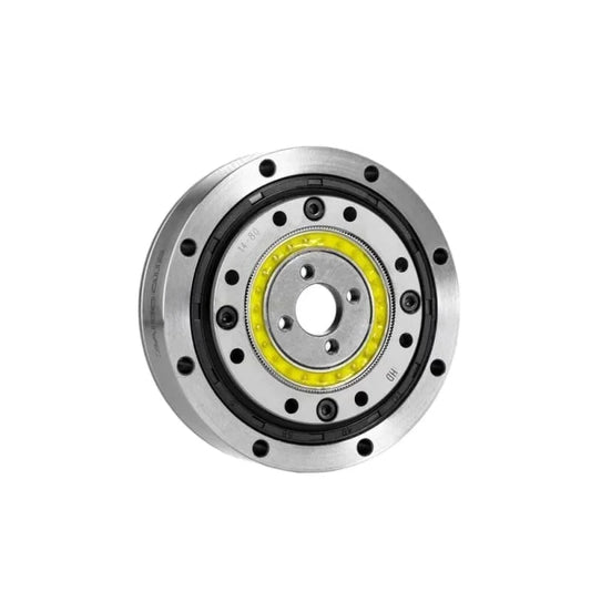 Front view of the circular SITO DRIVE HD-14 reducer with central mounting bore, bolt pattern, and yellow ring.