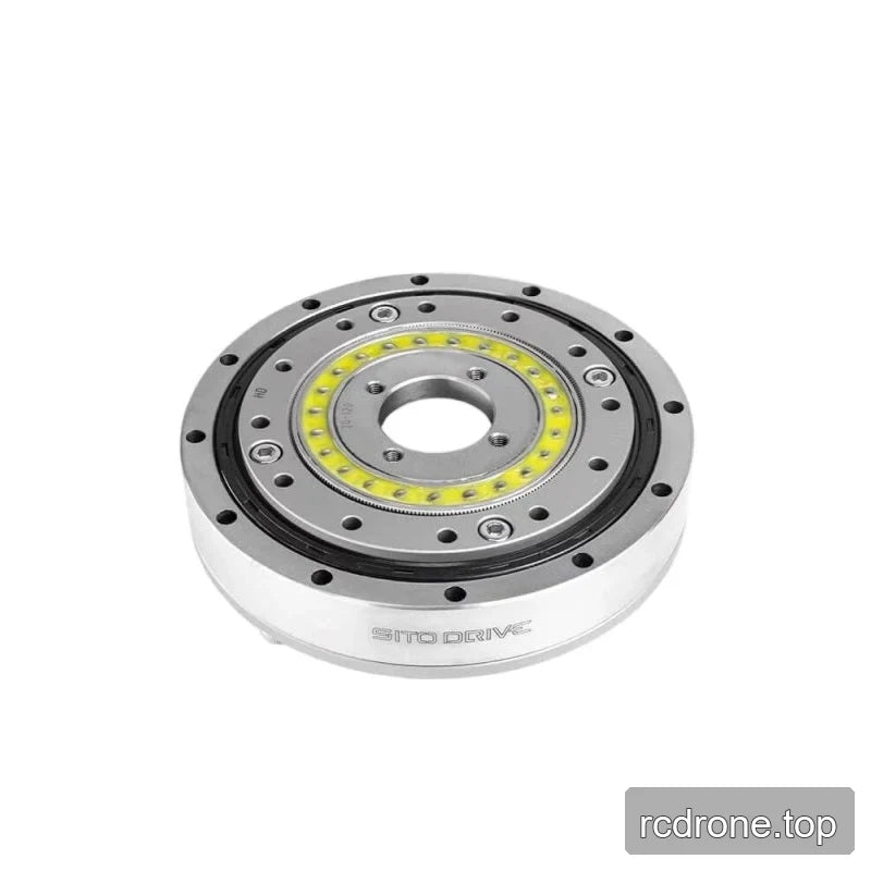 Angled view of SITO DRIVE HD-25 reducer showing the yellow bearing ring, front mounting face, and engraved sidewall.