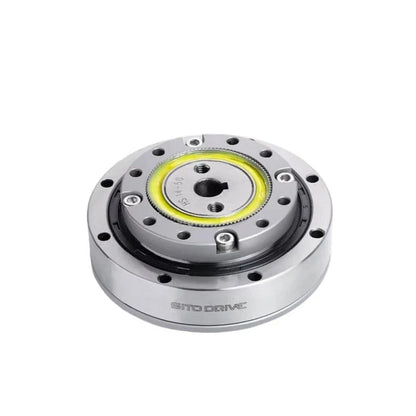 Angled front view of the SITO DRIVE HS-14-III reducer showing its round housing, mounting flange, and yellow inner ring.