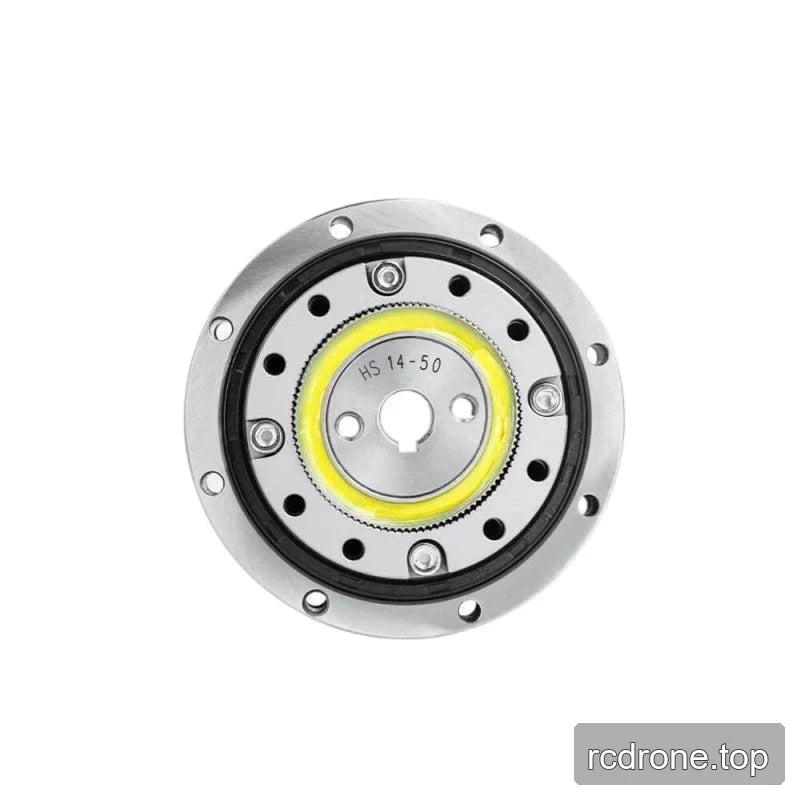 Face-on view of the SITO DRIVE HS-14-III reducer with HS 14-50 center marking, yellow ring, and outer mounting flange.