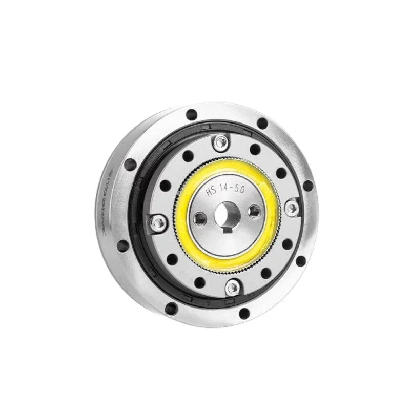 Front view of the SITO DRIVE HS-14-III reducer with circular mounting holes, yellow ring, and HS 14-50 marking.