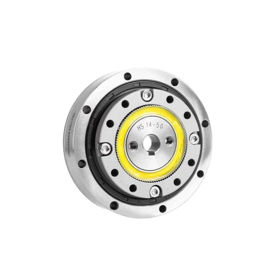 Front view of the SITO DRIVE HS-14-III reducer with circular mounting holes, yellow ring, and HS 14-50 marking.