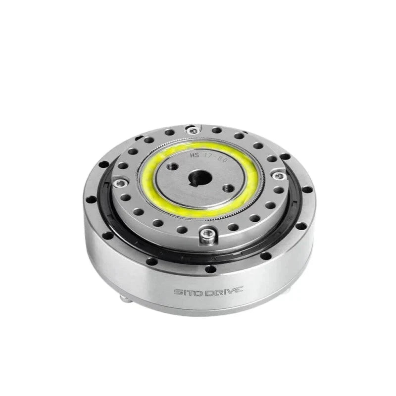Angled top view of the SITO DRIVE HS-17-III reducer with circular mounting holes, yellow center ring, and SITO DRIVE housing mark.
