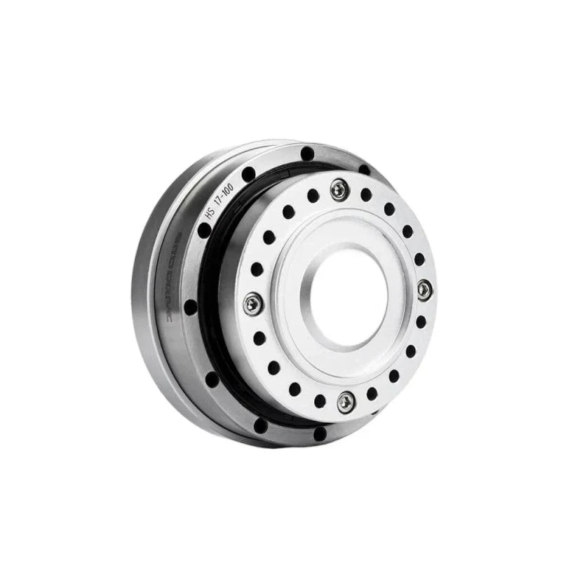 Angled front view of the silver SITO DRIVE HS-17-IV reducer with central bore and circular mounting holes.