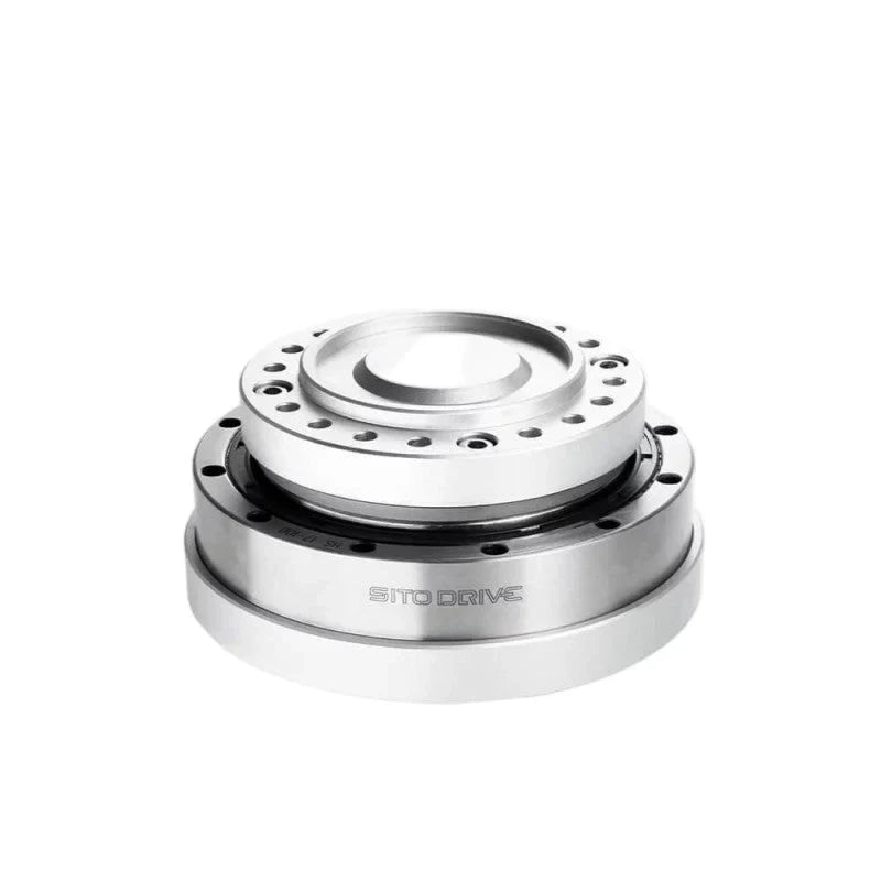 Low angled view of the silver SITO DRIVE HS-17-IV reducer showing its raised front hub and circular hole pattern.