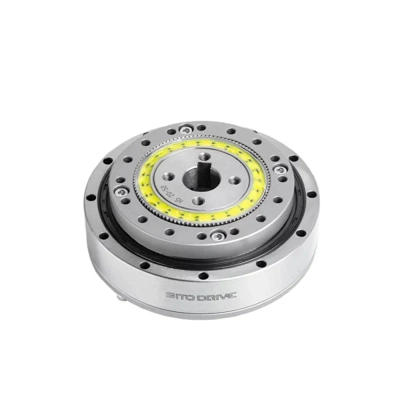 Angled top view of the SITO DRIVE HS-20-III reducer with keyed center bore, threaded holes and visible outer housing.