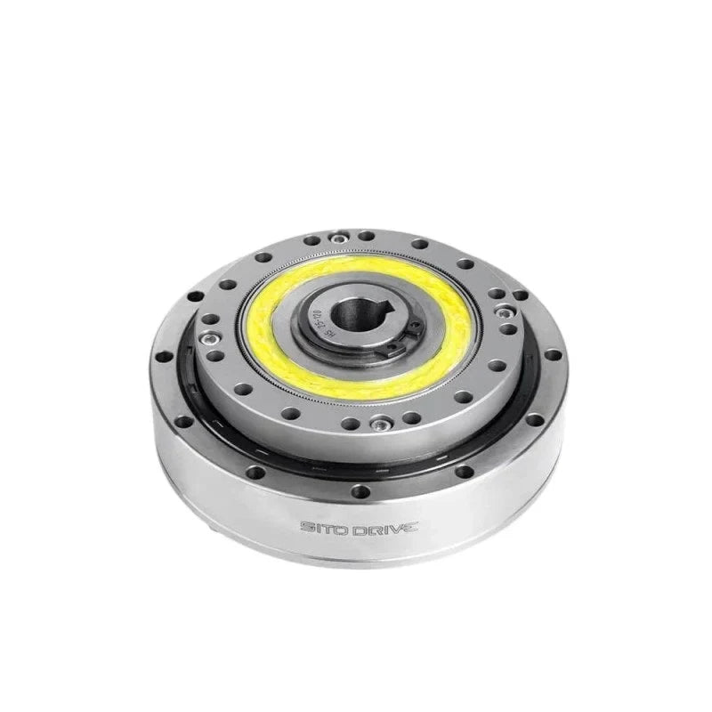 Angled front view of the SITO DRIVE HS-25-I reducer showing its circular housing, central keyed bore, and yellow grease ring.