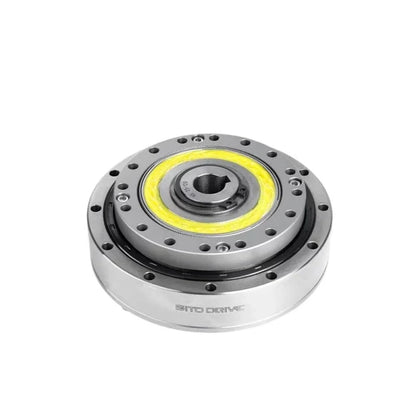 Angled front view of the SITO DRIVE HS-25-I reducer showing its circular housing, central keyed bore, and yellow grease ring.
