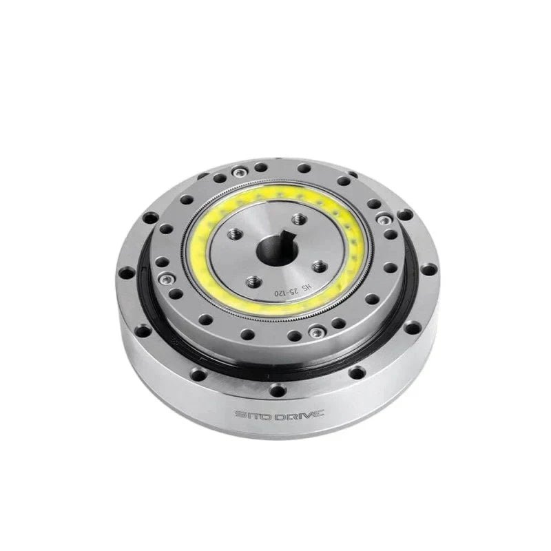 Angled top view of the SITO DRIVE HS-25-III reducer showing the central bore, threaded holes, yellow inner ring, and housing.