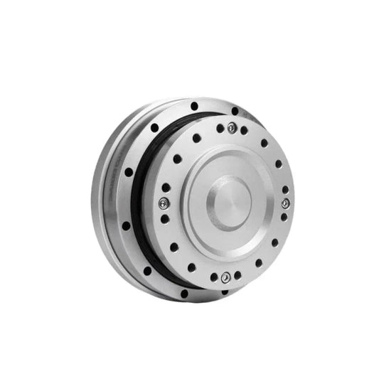 Angled front view of the silver SITO DRIVE HS-25-IV reducer with circular mounting holes and recessed center.