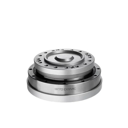 Low angled view of the silver SITO DRIVE HS-25-IV reducer showing its stepped circular housing and upper mounting face.