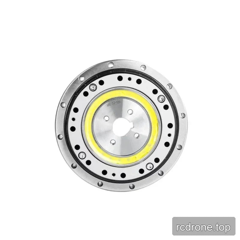 Front view of the SITO DRIVE HS-32-III harmonic reducer with silver outer flange, yellow inner ring, and keyed center opening.