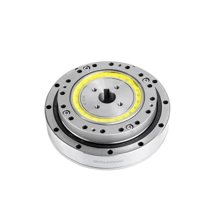 Angled top view of the SITO DRIVE HS-32-III harmonic reducer showing its circular face, yellow ring, and housing depth.