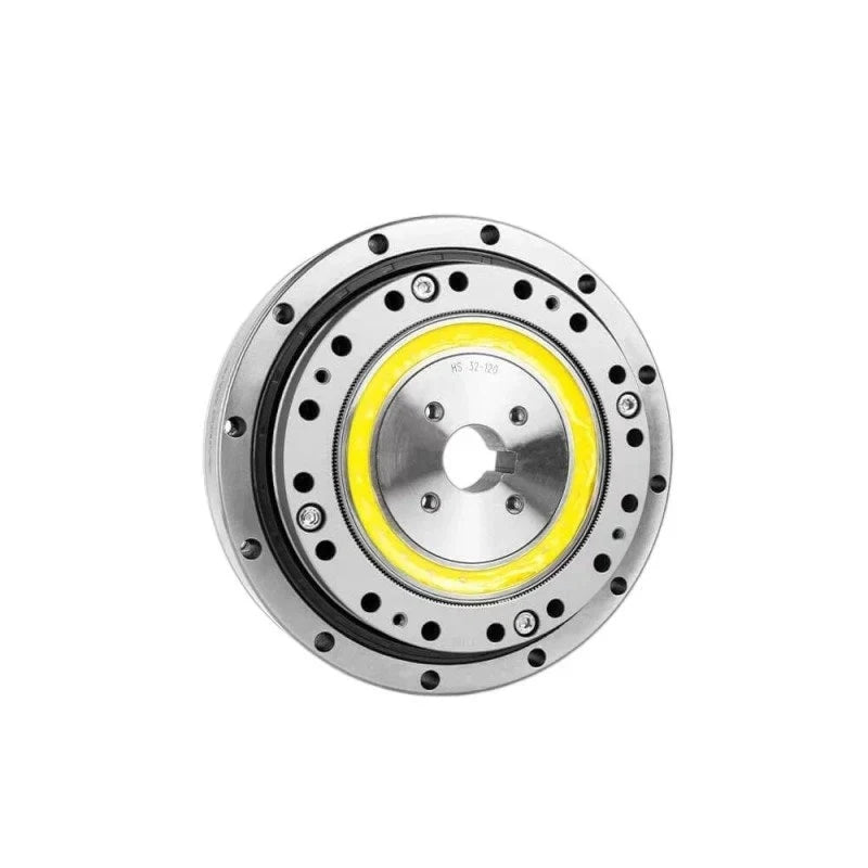 Front view of the SITO DRIVE HS-32-III harmonic reducer with yellow internal ring and circular mounting holes.
