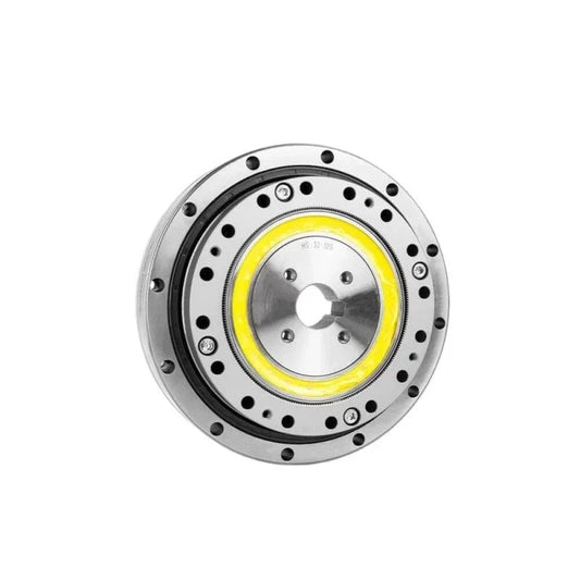 Front view of the SITO DRIVE HS-32-III harmonic reducer with yellow internal ring and circular mounting holes.