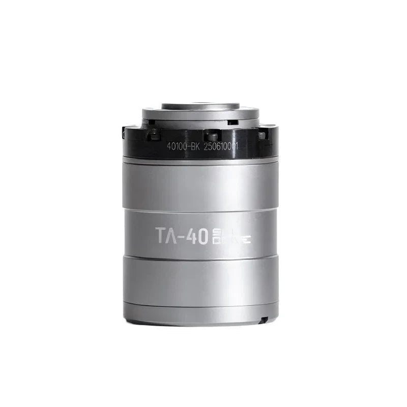 Front upright view of the silver SITO TA-40 rotary actuator with black upper ring and engraved housing label.