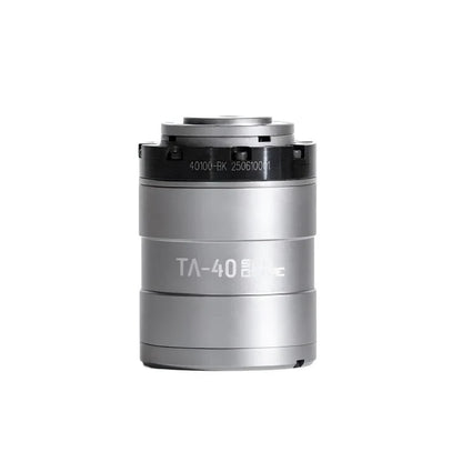 Front upright view of the silver SITO TA-40 rotary actuator with black upper ring and engraved housing label.