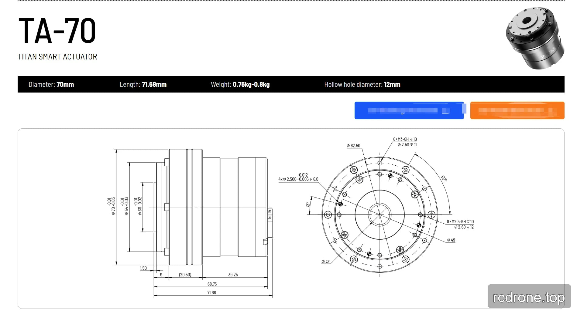 TA-70 actuator installation drawing with mounting dimensions