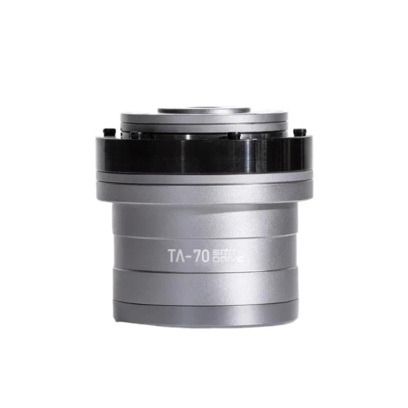Front view of the silver SITO DRIVE TA-70 rotary actuator with black upper ring and TA-70 body marking.