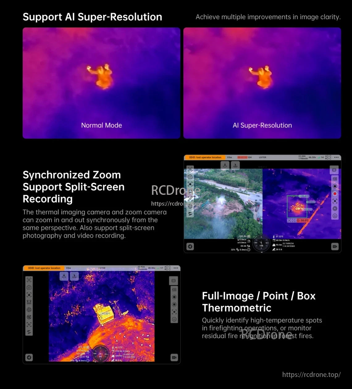 SIYI UniPod MT11 4 Sensor AI Drone Gimbal, Super-resolution improves image clarity. Synchronized zoom enables split-screen recording. Full-image, point, and box thermometry detect high-temperature areas for firefighting.
