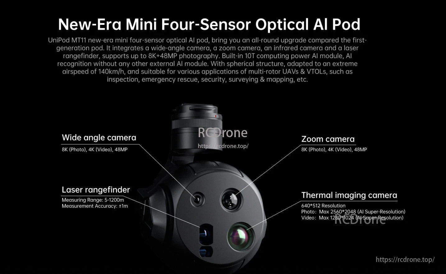 SIYI UniPod MT11 4 Sensor AI Drone Gimbal, The SIYI UniPod MT11 drone gimbal features four sensors, including thermal and zoom cameras, supports 8K photos, 4K video, and 48MP resolution for inspection and security uses.