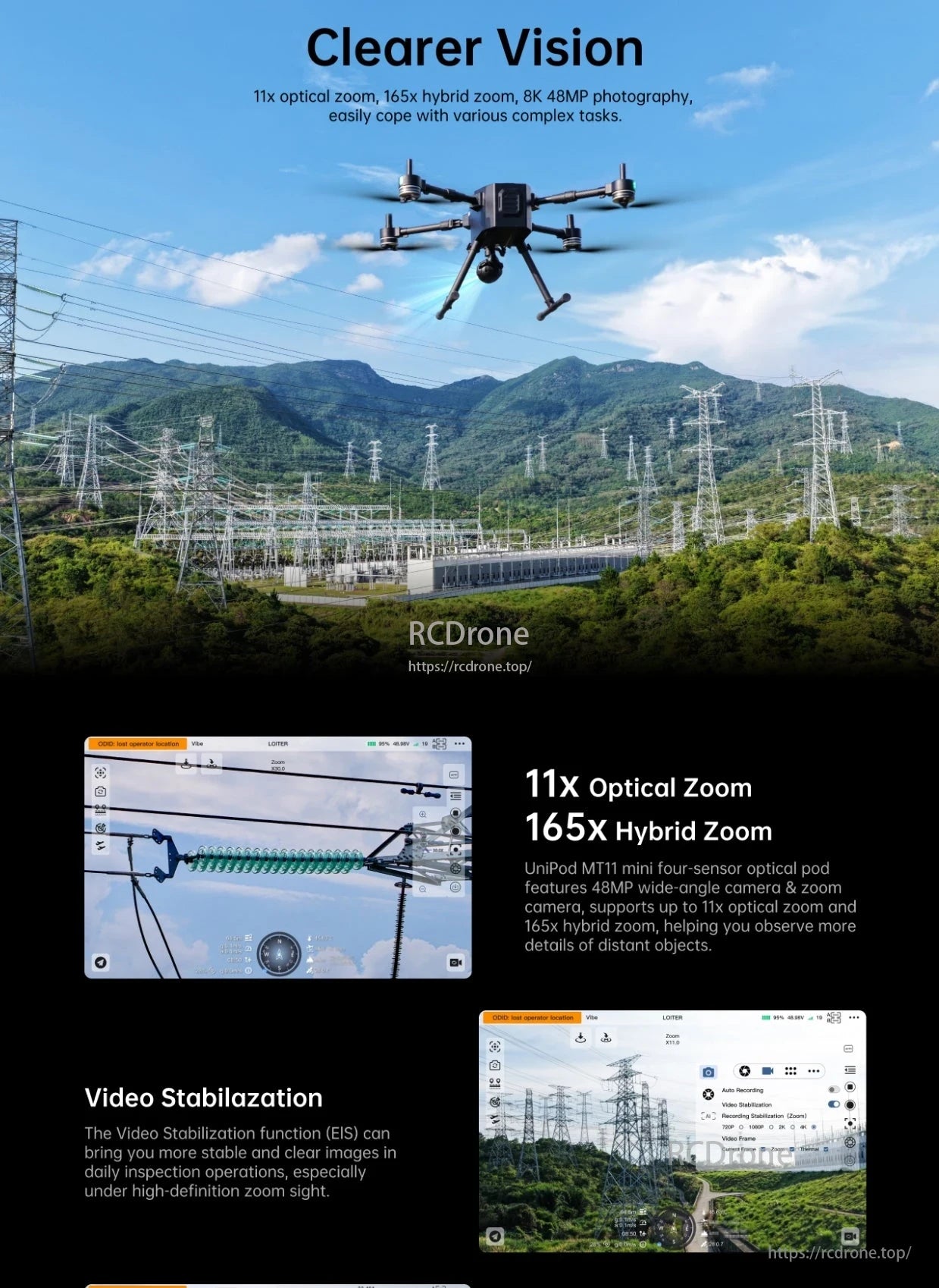 SIYI UniPod MT11 4 Sensor AI Drone Gimbal, The UniPod MT11 offers stable video with EIS, 11x optical zoom, 165x hybrid zoom, and 8K 48MP photos for detailed inspections.