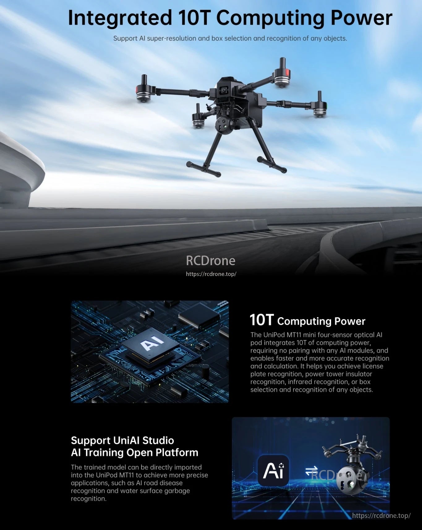 SIYI UniPod MT11 4 Sensor AI Drone Gimbal, The UniPod MT11 AI pod, with 10T computing power, enables fast, accurate recognition across applications through the UniAI Studio platform.