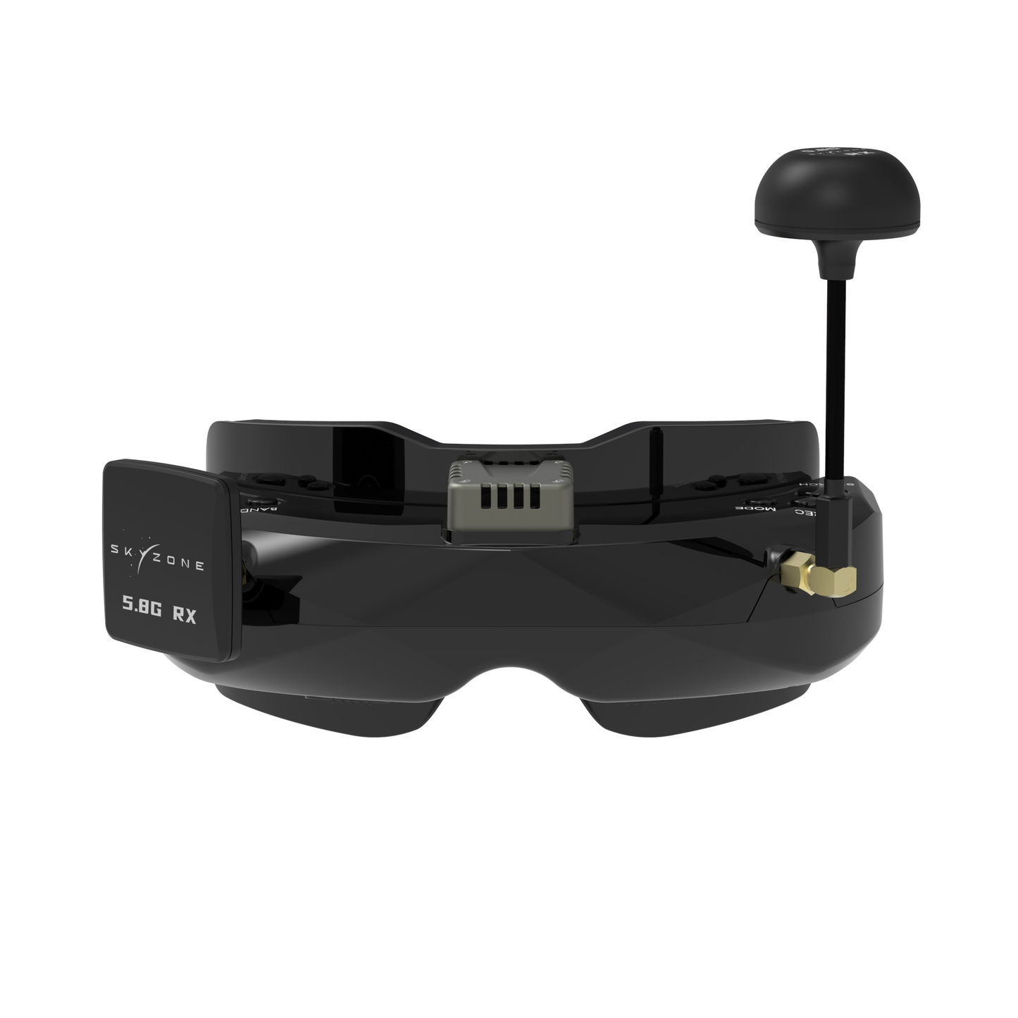 Front view of black FPV goggles with 5.8G RX receiver module and stubby antenna attached