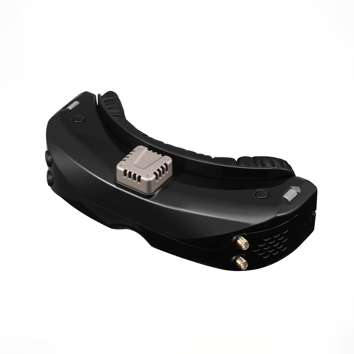 Black FPV goggle headset three-quarter view showing top module mount and cushioned face foam
