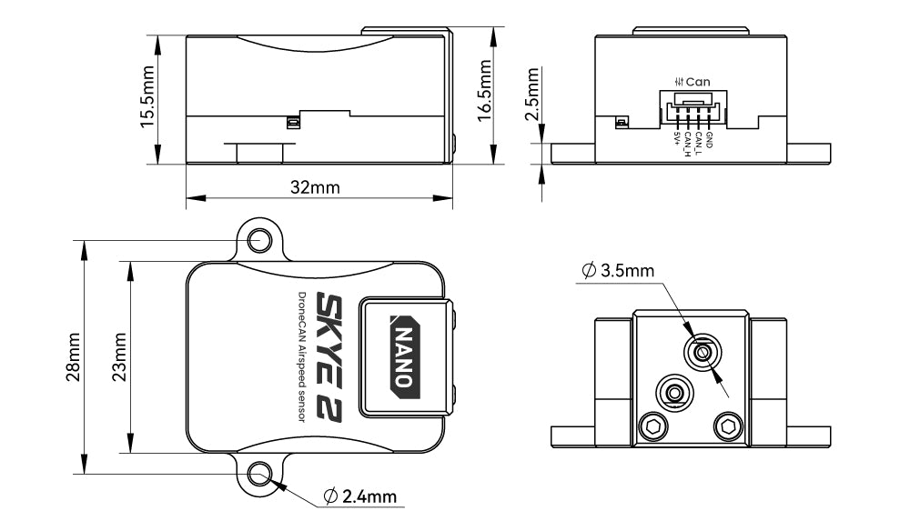 CUAV SKYE2 Nano AirSpeed Sensor for Pixhawk - 226.8km/h High Precision Air Speed Measurement Support DroneCan APM/PX4 13 CUAV SKYE2 Nano AirSpeed Sensor, High-Precision Airspeed Readings: Accurate measurements up to 226.8km/h with 1% error margin.