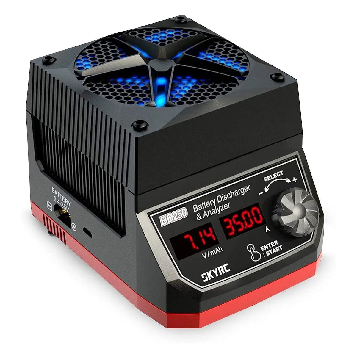 SKYRC BD250 battery discharger and analyzer with blue-lit fan grille, digital display, and control knob