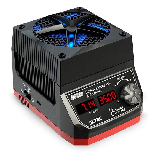SKYRC BD250 battery discharger and analyzer with blue-lit fan grille, digital display, and control knob