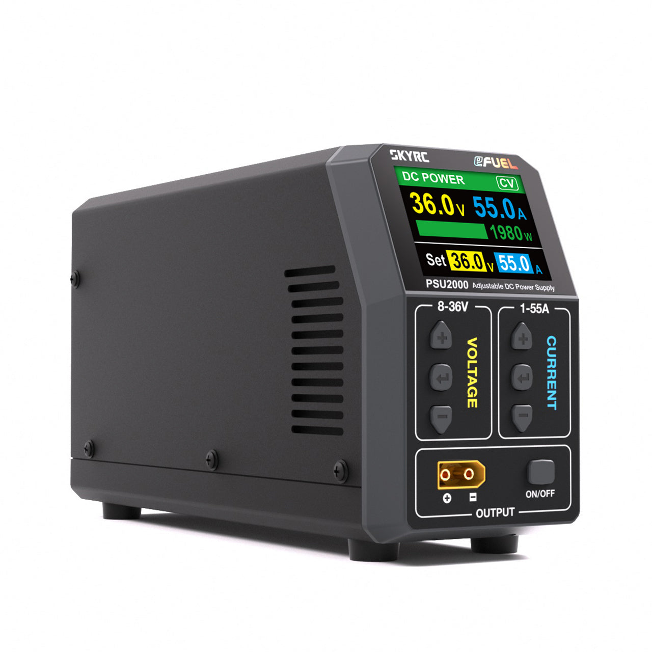 SkyRC eFUEL PSU2000 adjustable DC power supply with color display, voltage/current controls, and XT60 output