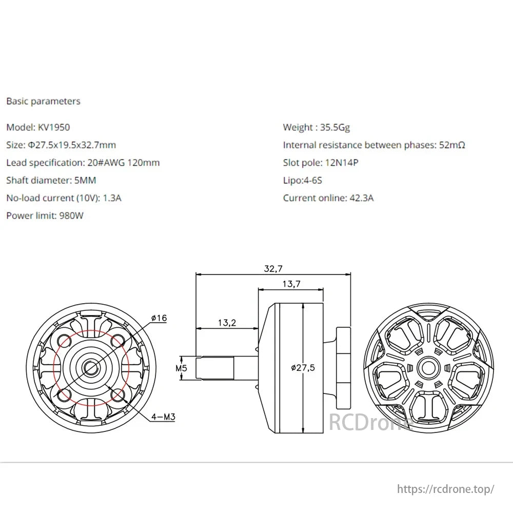 SKYSTARS 2207 1950KV Brushless Motor, KV1950 motor: 27.5x19.5x34.7mm, 5mm shaft, 35.5g, 52mΩ, 12N14P, 4-6S Lipo, 1.3A no-load, 42.3A max, 980W power limit, with detailed specs.