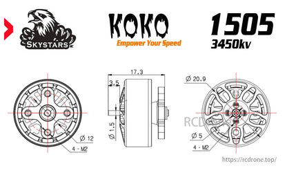 SKYSTARS KOKO 1505 3450KV motor, 1.5mm shaft, 4-M2 mounting, ideal for 2.5-4 inch FPV drones.
