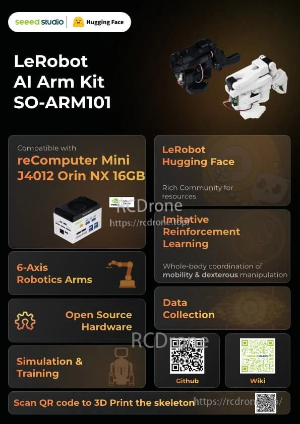 SO ARM 101 AI Arm, LeRobot AI Arm Kit SO-ARM101 is a 6-axis open-source robotic arm for Orin NX, enabling AI learning, simulation, and prototyping with educational, customizable, and community-supported tools.