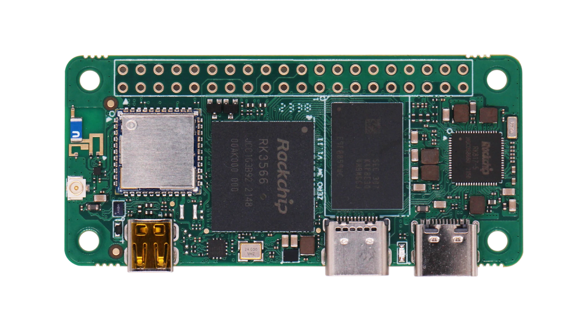 RADXA ZERO 3W board front view with RK3566 chip, wireless module, USB and HDMI ports